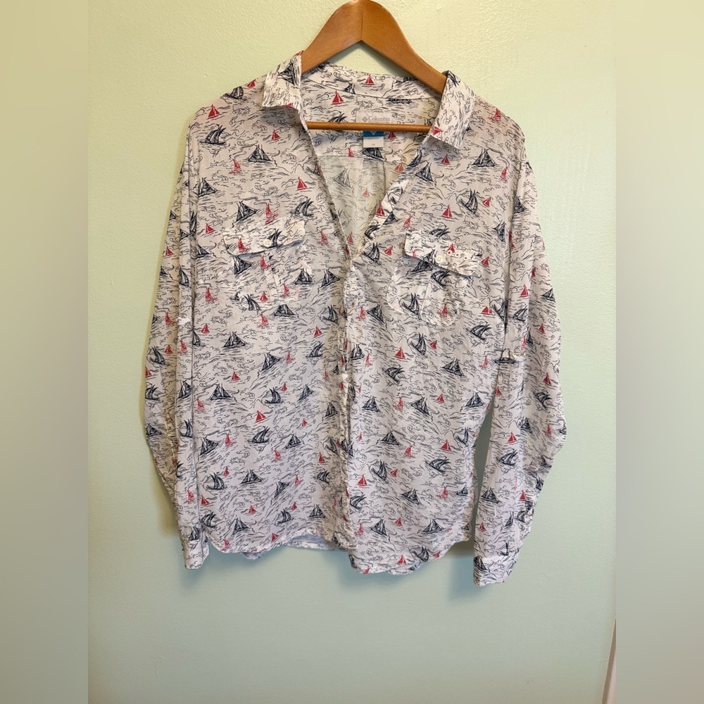 Columbia Women's Button Down Shirt - White with Red and Blue Print - Picture 4 of 11
